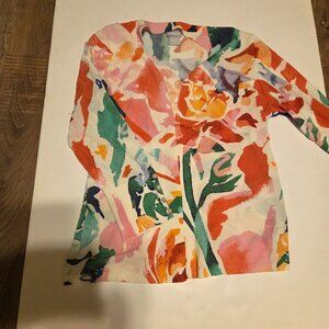 Chico Sweater Open Cardigan Floral with Accented Buttons on Sleeve - Size Small